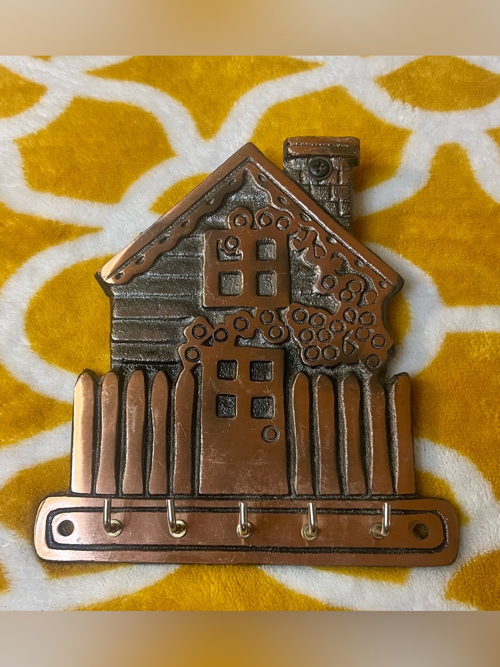 Vintage Copper-Plated Cast Iron House and Picket Fence Key Rack